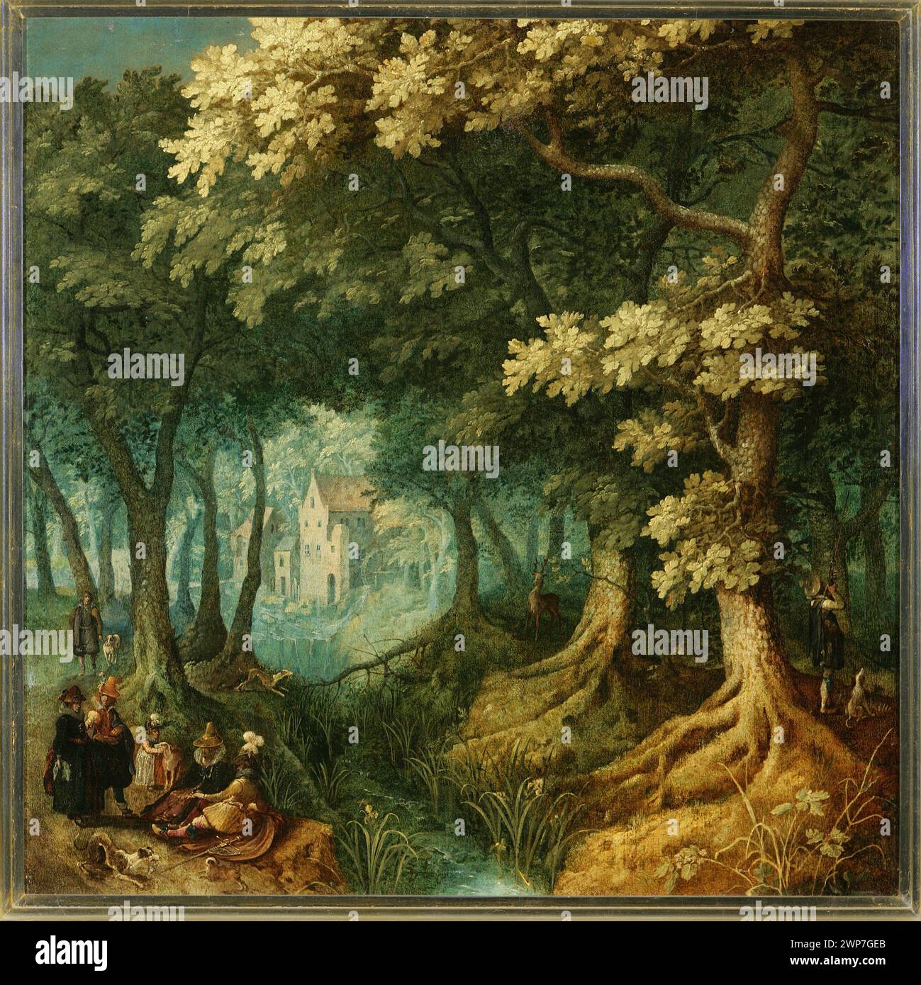 Peinture paysagère flamande du début du XVIIe siècle par Gillis van Coninxloo montrant une forêt avec des arbres, des cerfs, des chiens, des ruisseaux, des figures, et des bâtiments. Banque D'Images