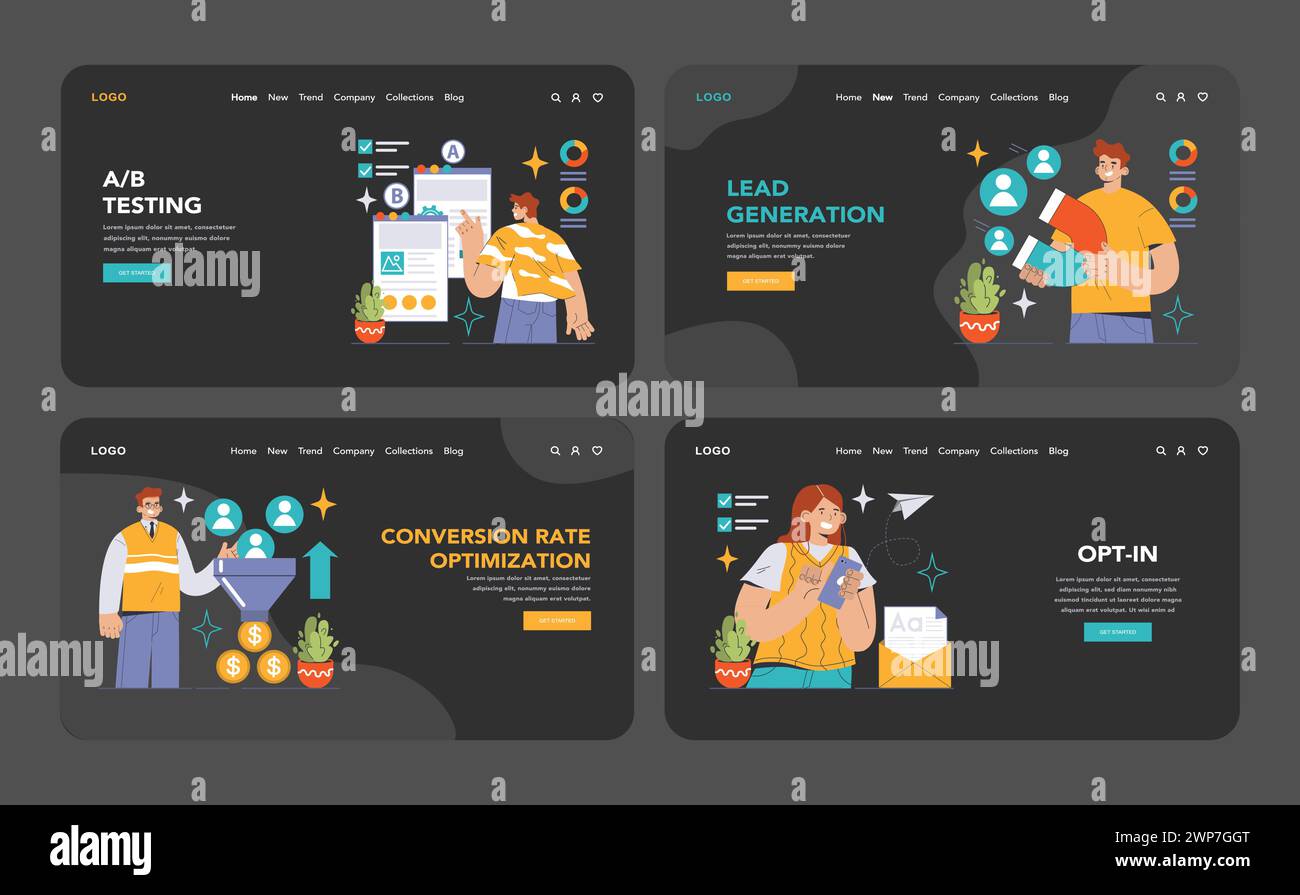 Ensemble d'optimisation du taux de conversion. Experts analysant les performances des sites Web. A B Testing, entonnoir de vente, génération de leads. Stratégies d'engagement des utilisateurs. Illustration vectorielle plate Illustration de Vecteur