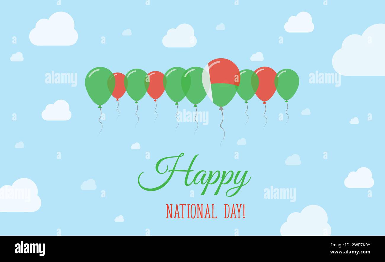 Affiche patriotique scintillante du jour de l'indépendance de Madagascar. Rangée de ballons aux couleurs du drapeau malgache. Carte de voeux avec drapeaux nationaux, Blue Skyes Illustration de Vecteur