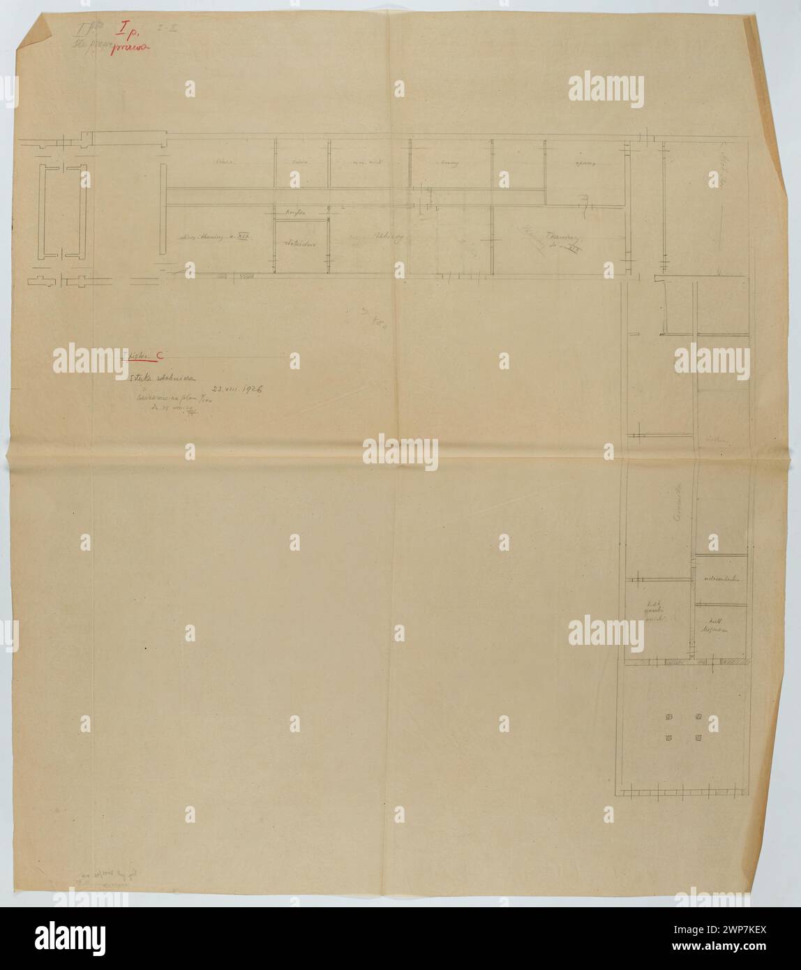 Varsovie. Musée national. Aile droite (partie I-II). Pi d'abord. Plan des arts décoratifs ; échelle 1 : 100 ; Tadeusz, Tadeusz (1887-1951), Gembarzewski, Bronis AW (1872-1941) ; 23.08.1926 (1926-00-00-1926-00-00) ; Musée national de Varsovie (1862-), Varsovie (Voïvodie de Masovie), musées (architecte), projets architecturaux Banque D'Images