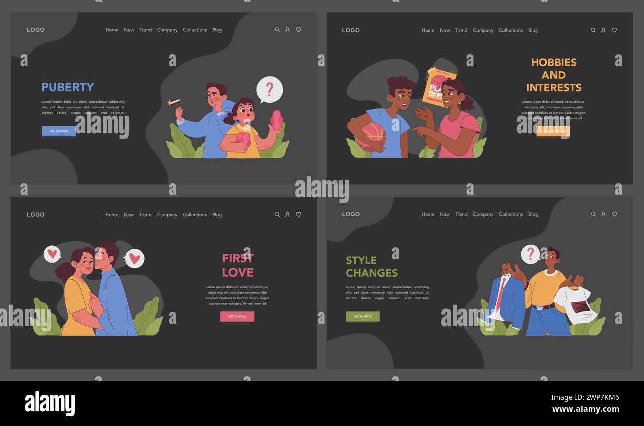 Concept de développement de l'adolescent. Illustration des stades de croissance des adolescents, y compris la puberté, les passe-temps et les questions sociales. Parcours émotionnel, exploration identitaire et habitudes numériques. illustration vectorielle Illustration de Vecteur