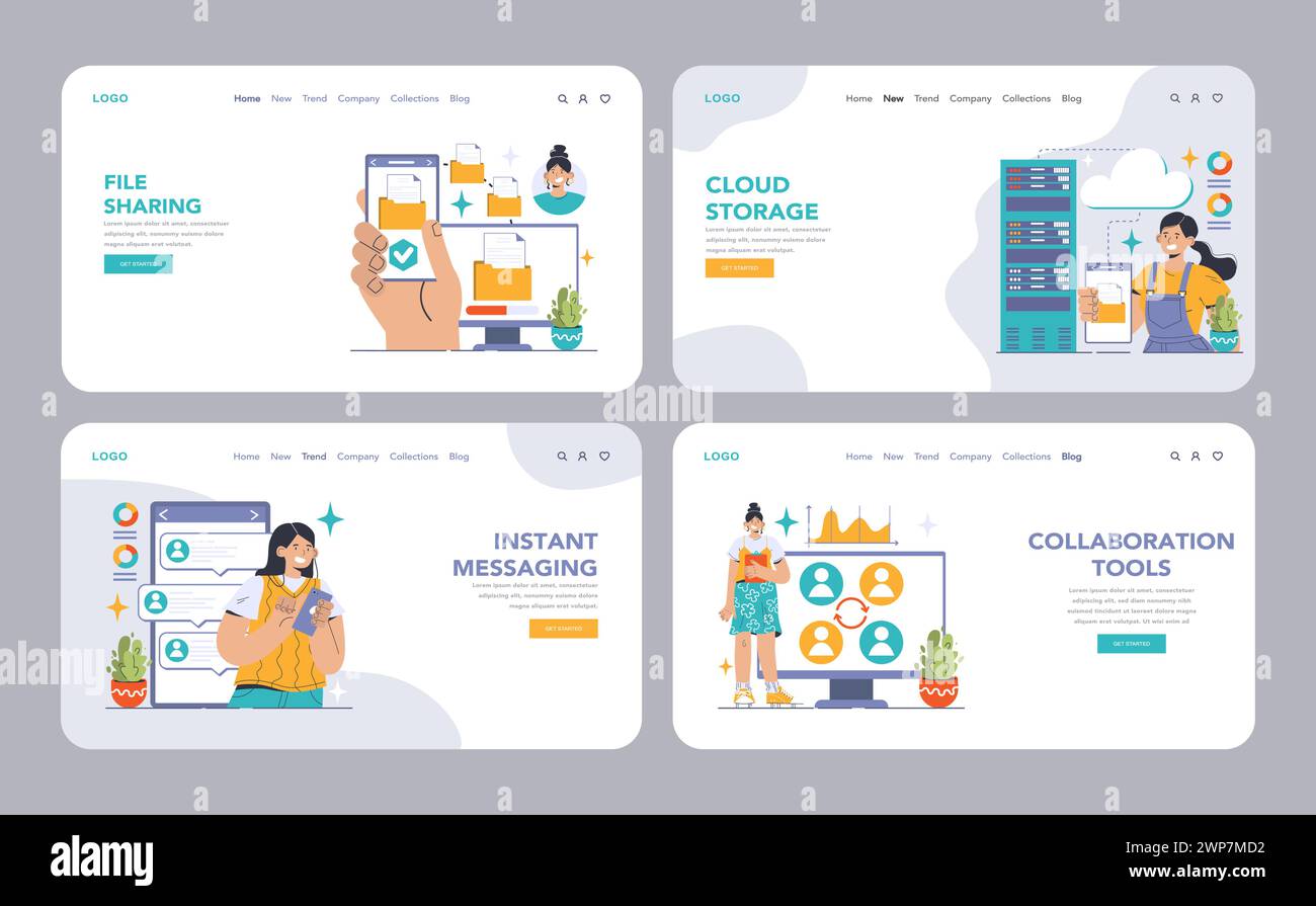 Outils de collaboration Web ou ensemble d'atterrissage. Divers professionnels utilisant la technologie pour le travail d'équipe. Visioconférence, stockage dans le cloud, gestion des tâches. Amélioration de la productivité. Illustration vectorielle plate Illustration de Vecteur
