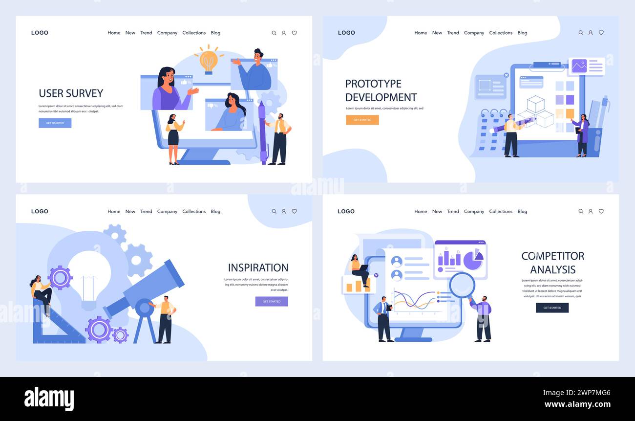 Design Thinking Web ou ensemble d'atterrissage. Étapes numériques de l'enquête auprès des utilisateurs à l'analyse de la concurrence. Étapes pour le développement de solutions basées sur le Web, l'interaction avec les utilisateurs et l'évaluation des données. Vecteur plat Illustration de Vecteur