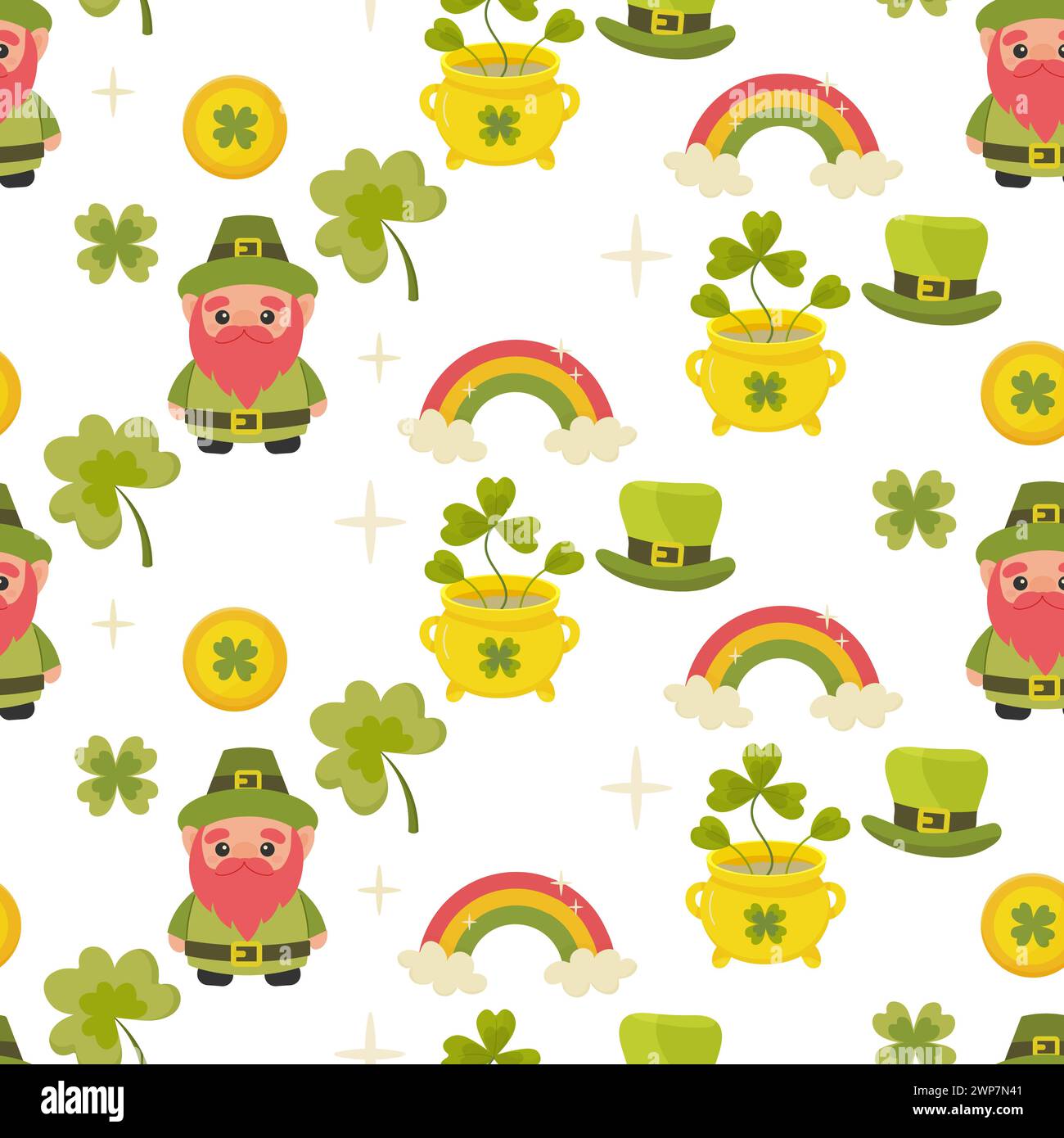 St patricks jour modèle sans couture, trèfle, gnome leprechaun, pièces de monnaie, arc-en-ciel. vecteur Illustration de Vecteur