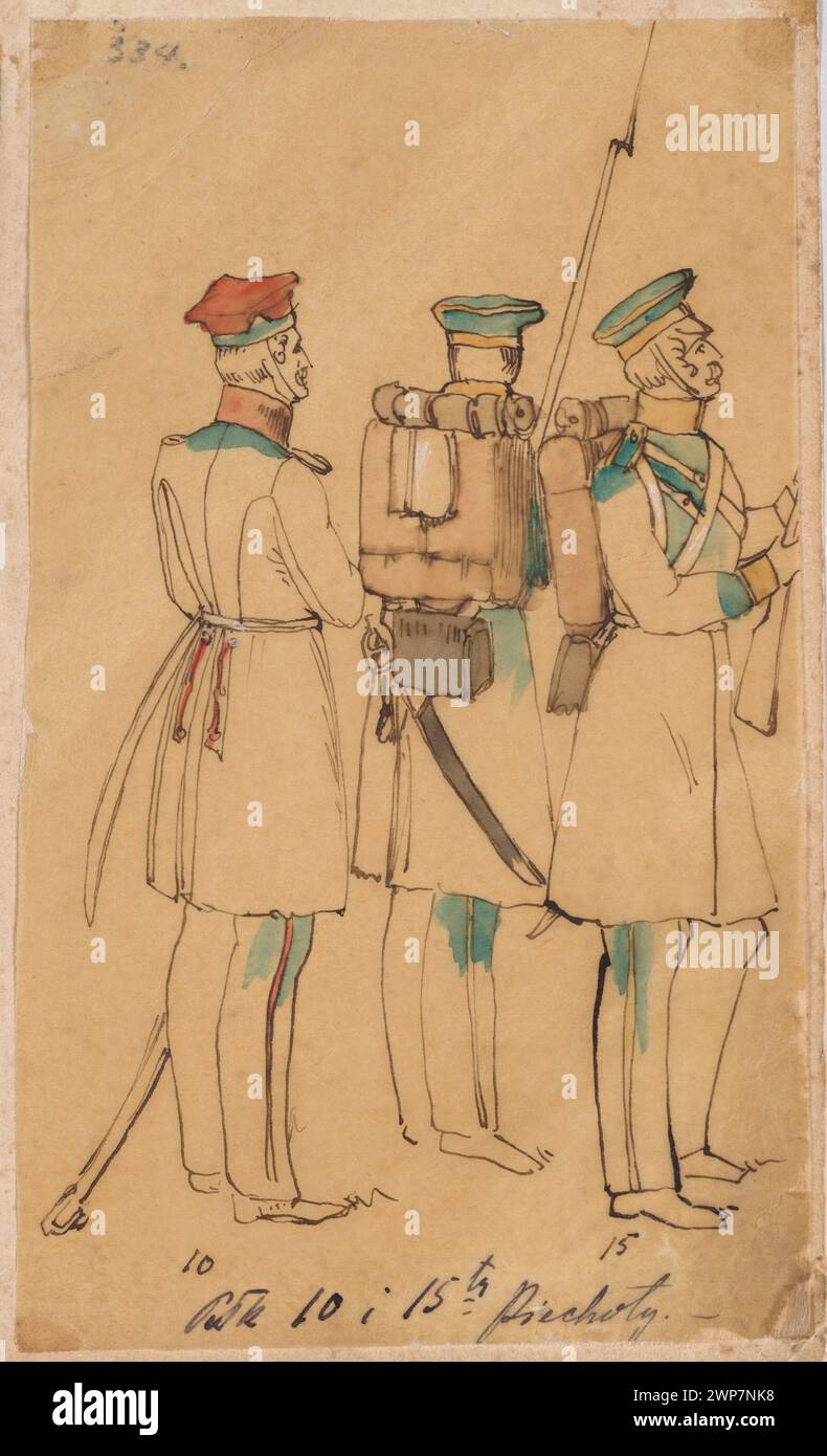 Lithographie couleur représentant des soldats des 10e et 15e régiment d'infanterie linéaire de l'armée polonaise, tirée de l'album de 1831 documentant toutes les unités. Banque D'Images