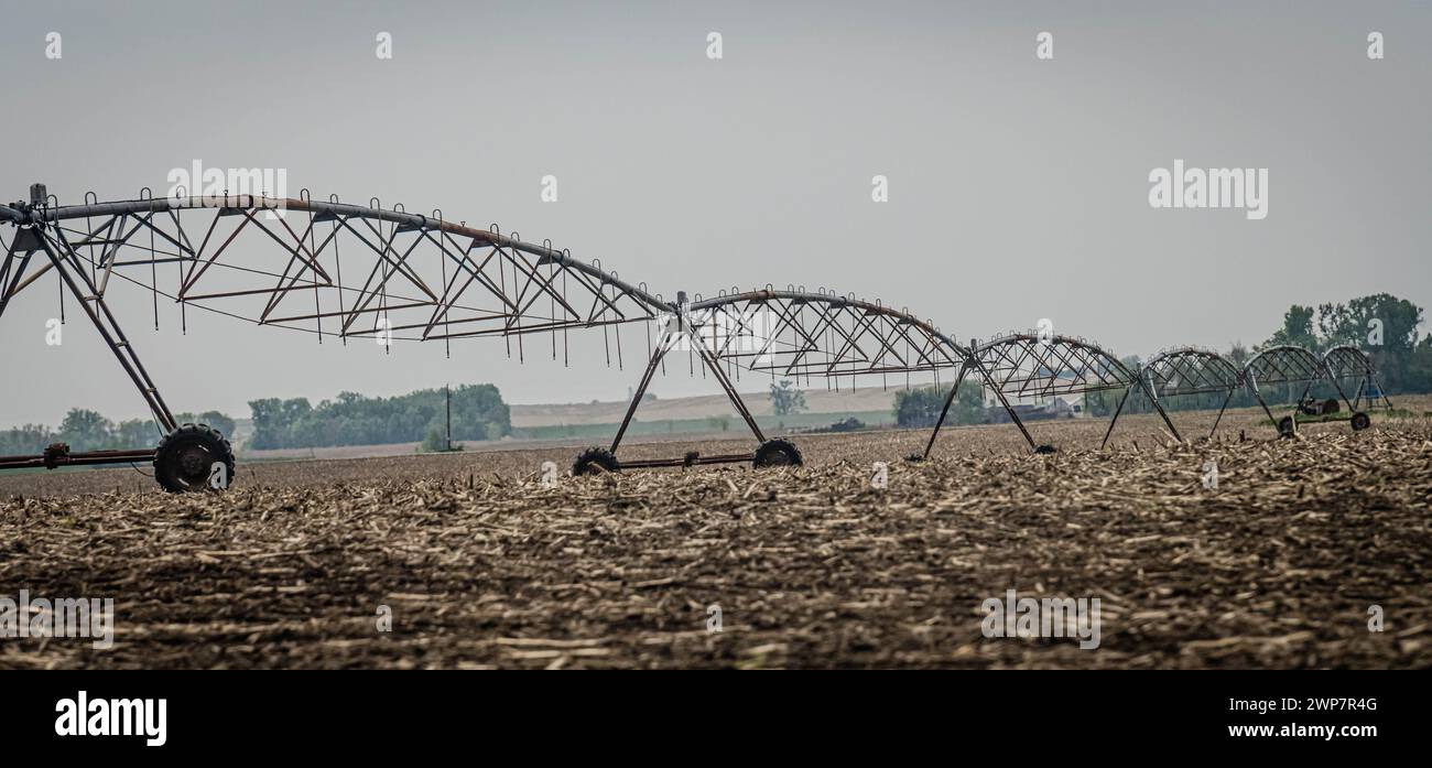 Système d'irrigation agricole dans un champ rural Banque D'Images