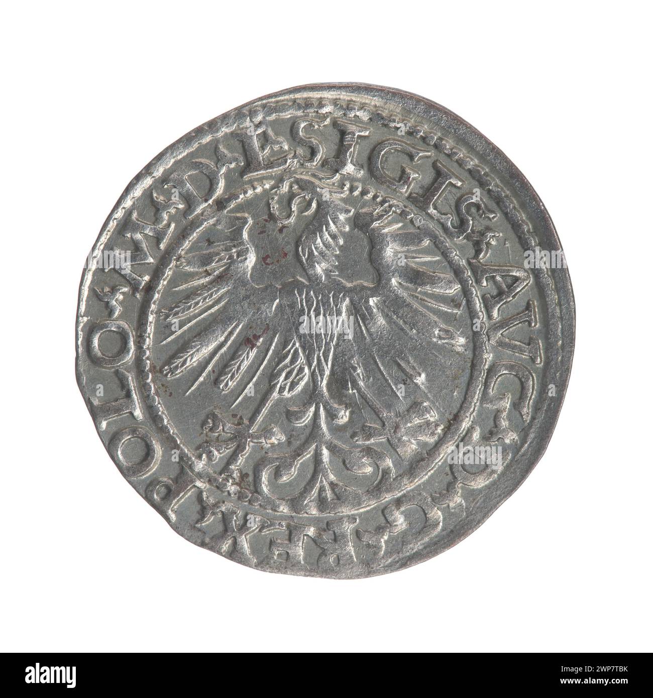 Un sou lituanien frappé en 1563 sous le roi Zygmunt II août, associé à Gabriel Tarło, représentant la monnaie polono-lituanienne du XVIe siècle. Banque D'Images