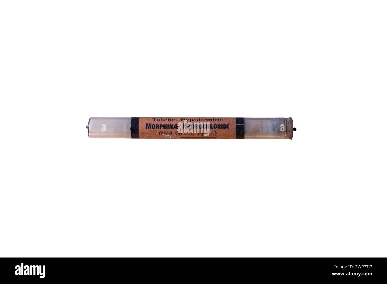 ampoule de morphine utilisée pour soulager la douleur. Pendant la seconde Guerre mondiale, la morphine était couramment administrée aux soldats blessés sur le champ de bataille. Banque D'Images