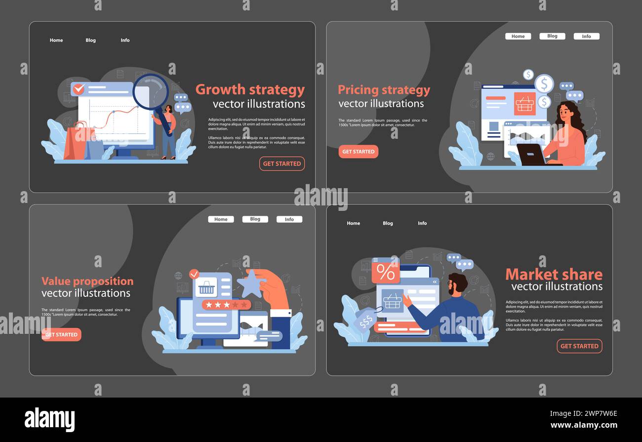 Stratégies commerciales définies. Professionnels analysant les graphiques de croissance, comprenant les prix, offrant une valeur unique et capturant des parts de marché. Exploration d'interface numérique. Illustration vectorielle plate Illustration de Vecteur