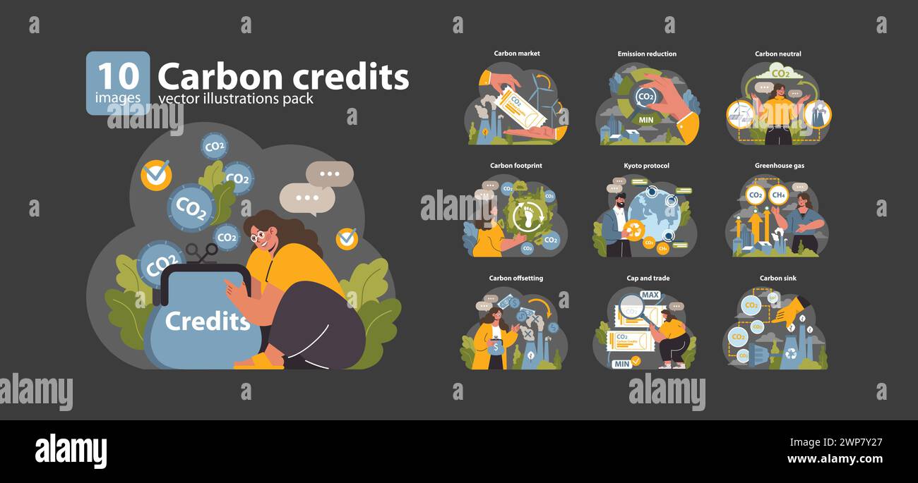 Crédits carbone fixés. Professionnels gérant les émissions de CO2. Réduction des émissions, marché du carbone et protocole de Kyoto. S'engager dans des pratiques écologiques. Illustration vectorielle plate. Illustration de Vecteur