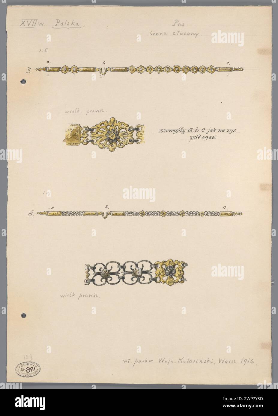 Ceinture brune du XVIIe siècle photographiée en 1916 par W. Adys Aw Roman Sztolcman, montrant des vues de face, de côté et détaillées de la collection de Wojciech Kolasi à Varsovie. Banque D'Images