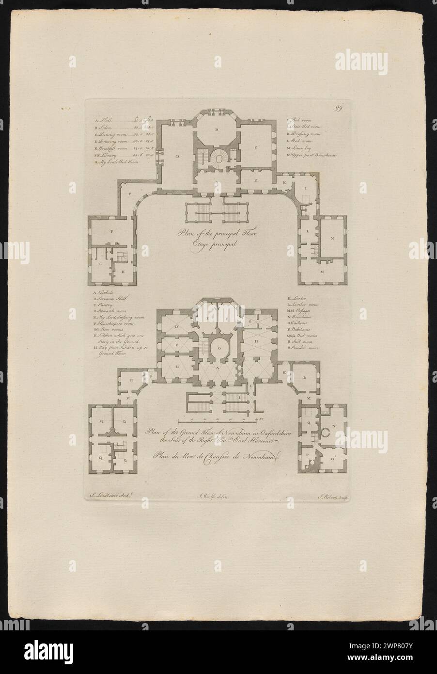 Plans de l'étage principal et du rez-de-chaussée du Newnham dans l'Oxfordshire, sur la succession du comte Harcourt ; Roberts, John (FL. CA 1760-CA 1800), Woolfe, John (1673-1793), Leadbetter, Stiff ( -1766); 1771 (1771-00-00-1771-00-00); Banque D'Images