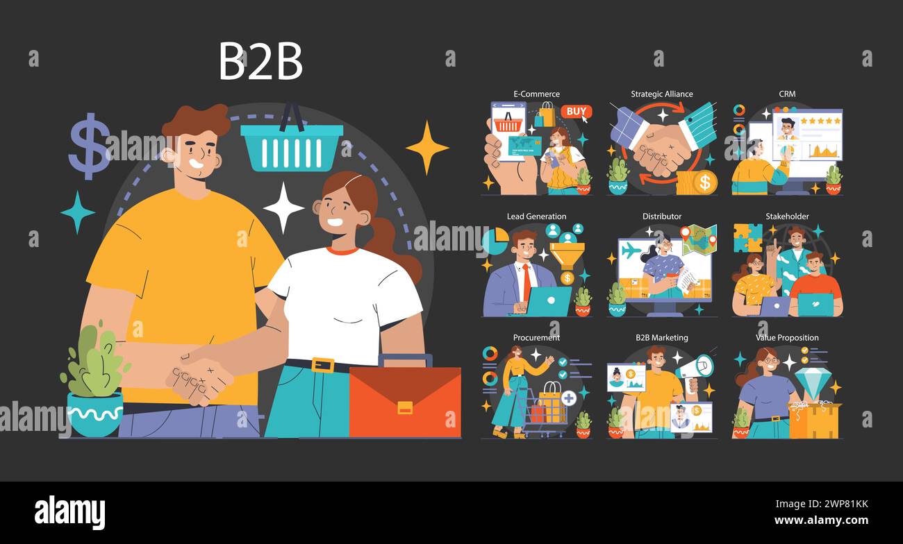 B2B ommerce mode sombre ou nuit défini. Professionnels engagés dans les achats en ligne, les alliances stratégiques, CRM et la génération de prospects. Proposition de valeur, interactions avec les parties prenantes. Illustration vectorielle plate Illustration de Vecteur