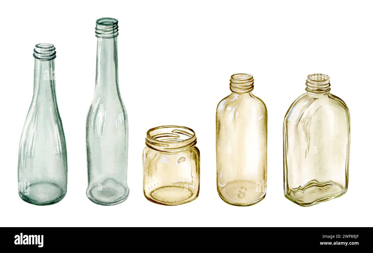 Ensemble aquarelle de cinq bouteilles vides jaune-vert et vert-bleu Banque D'Images