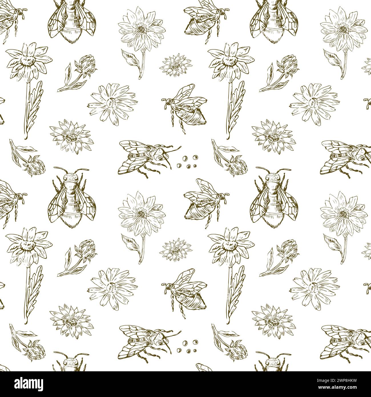 Éléments floraux vintage dessinés à la main et motif d'abeille. L'illustration vectorielle peut être utilisée pour le textile, l'emballage, la décoration. Illustration de Vecteur Éléments floraux vintage dessinés à la main et motif d'abeille. L'illustration vectorielle peut être utilisée pour le textile, l'emballage, la décoration. Illustration de Vecteur