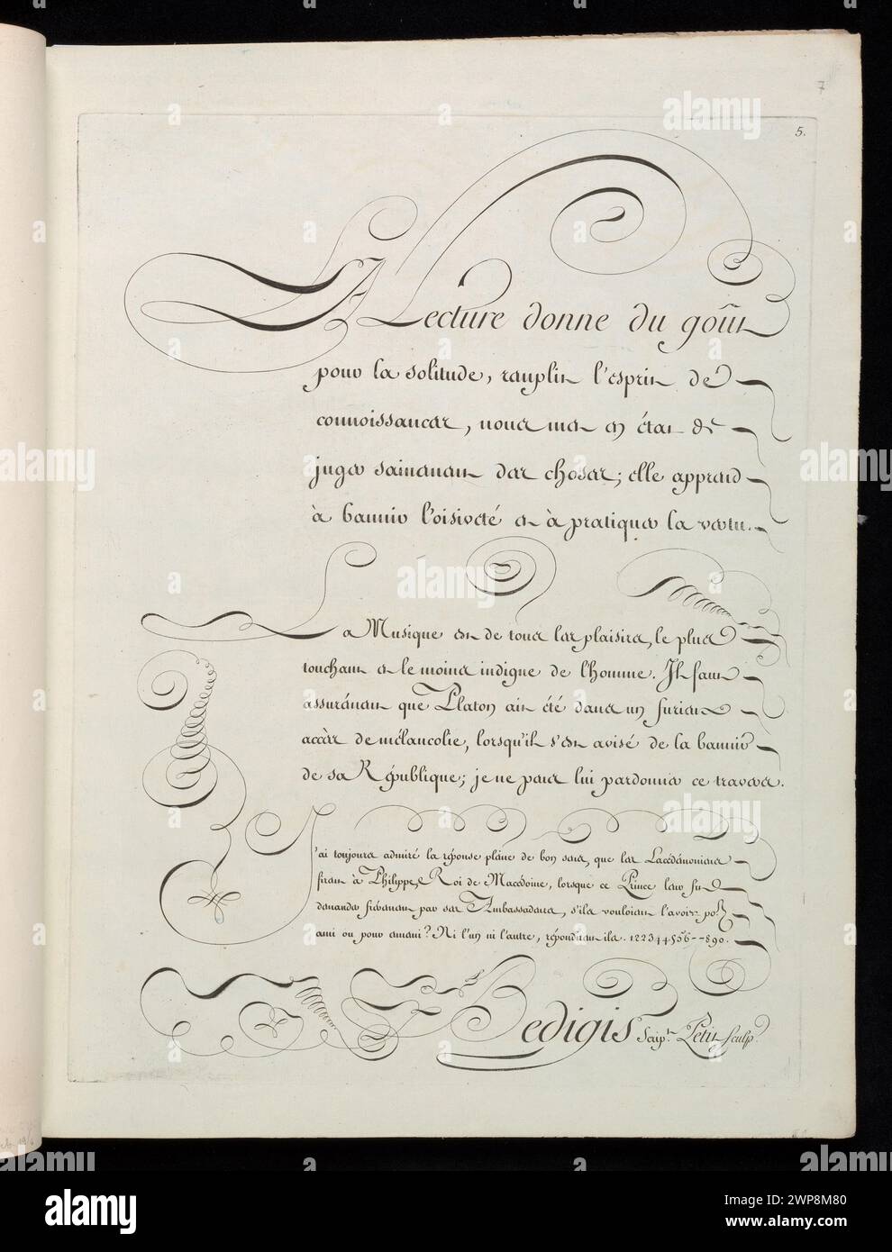 Une carte imprimée du XVIIIe siècle représentant un dessin de lettre de petit et François Nicolas Bédigis, datée de 1770, illustrant les styles typographiques et artistiques français de l'époque. Banque D'Images