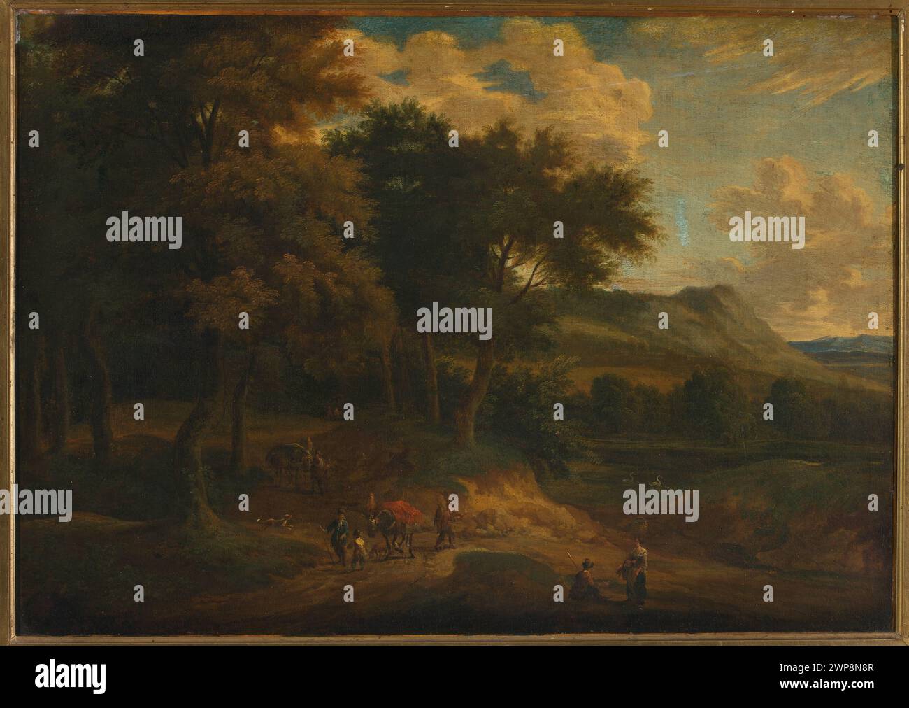 Peinture flamande de Jan Baptist Huysmans représentant des paysages montagneux et forestiers du XVIIe au XVIIIe siècle, intégrant des figures et des éléments de relais dans la composition. Banque D'Images