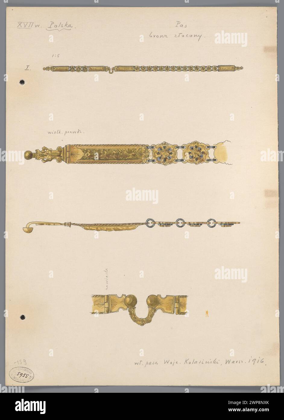 Ceinture brune du XVIIe siècle avec pendentif de la collection Wojciech Kolasi à Varsovie, photographiée en 1916 par Mariusz Masha, montrant des vues générales et détaillées aux échelles 1 :5 et 1 :1 . Banque D'Images