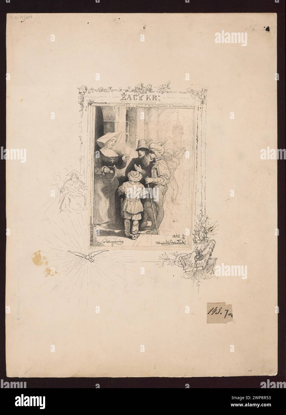Dessin de Wandalin Strza représentant des scènes de Kraków comprenant des enfants, des étudiants, des religieuses et des mendiants, avec des références à Dieu le Père et au Saint-esprit, dans le genre et le contexte culturel polonais. Banque D'Images Dessin de Wandalin Strza représentant des scènes de Kraków comprenant des enfants, des étudiants, des religieuses et des mendiants, avec des références à Dieu le Père et au Saint-esprit, dans le genre et le contexte culturel polonais. Banque D'Images
