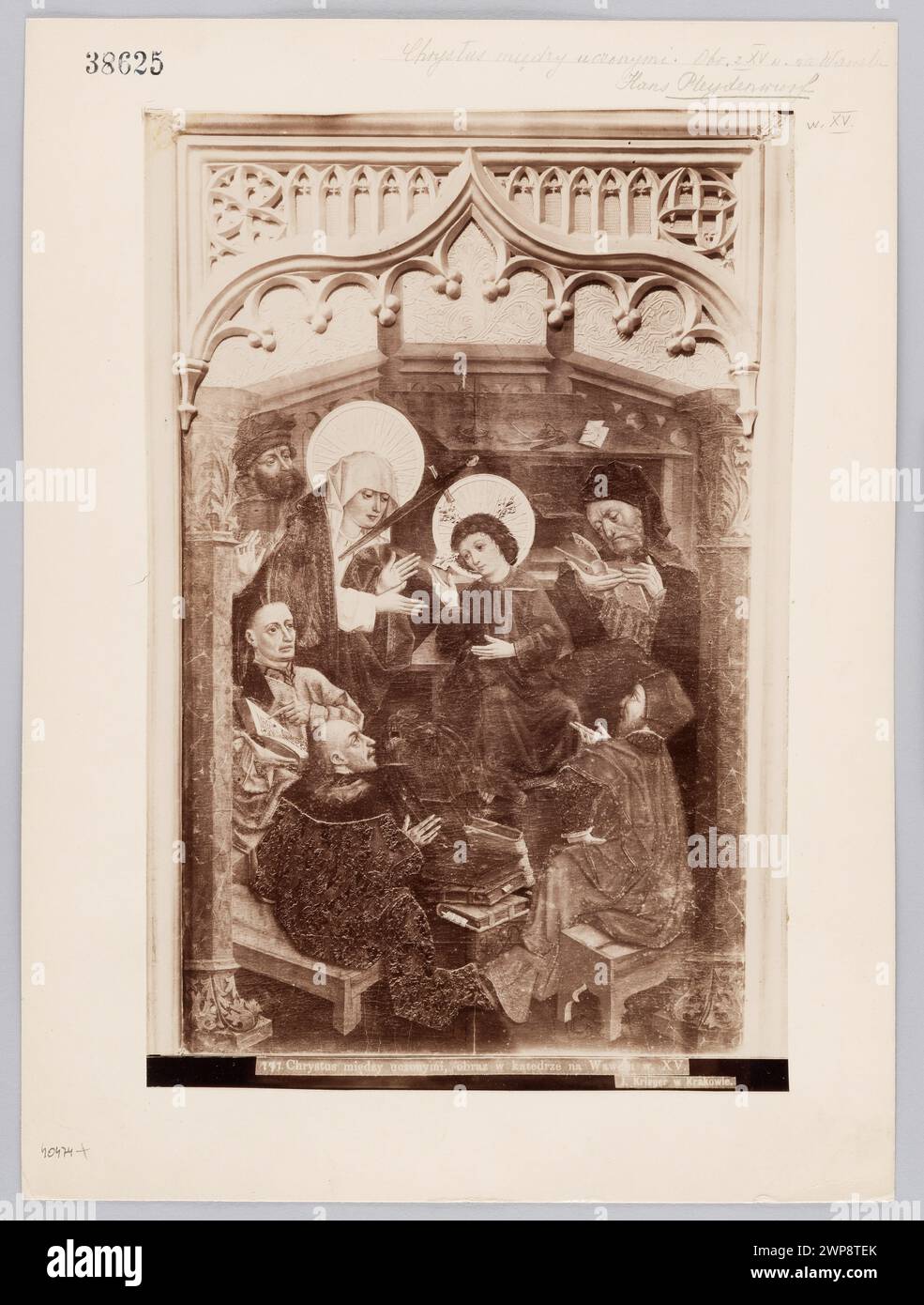 Photographie d'Ignacy Krieger avant 1893 du triptyque du XVe siècle de Hans Pleydenwurff, « le Christ entre érudits » de la chapelle notre-Dame des douleurs de la cathédrale de Cracovie, qui fait partie de la collection d'Amalia Krieger. Banque D'Images