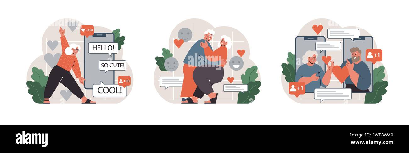 Ensemble d'amour numérique. Une femme âgée réagit joyeusement aux compliments en ligne, un couple plus âgé partage un moment tendre, et les aînés échangent des emojis de cœur. Romance moderne à l'ère numérique. illustration vectorielle Illustration de Vecteur