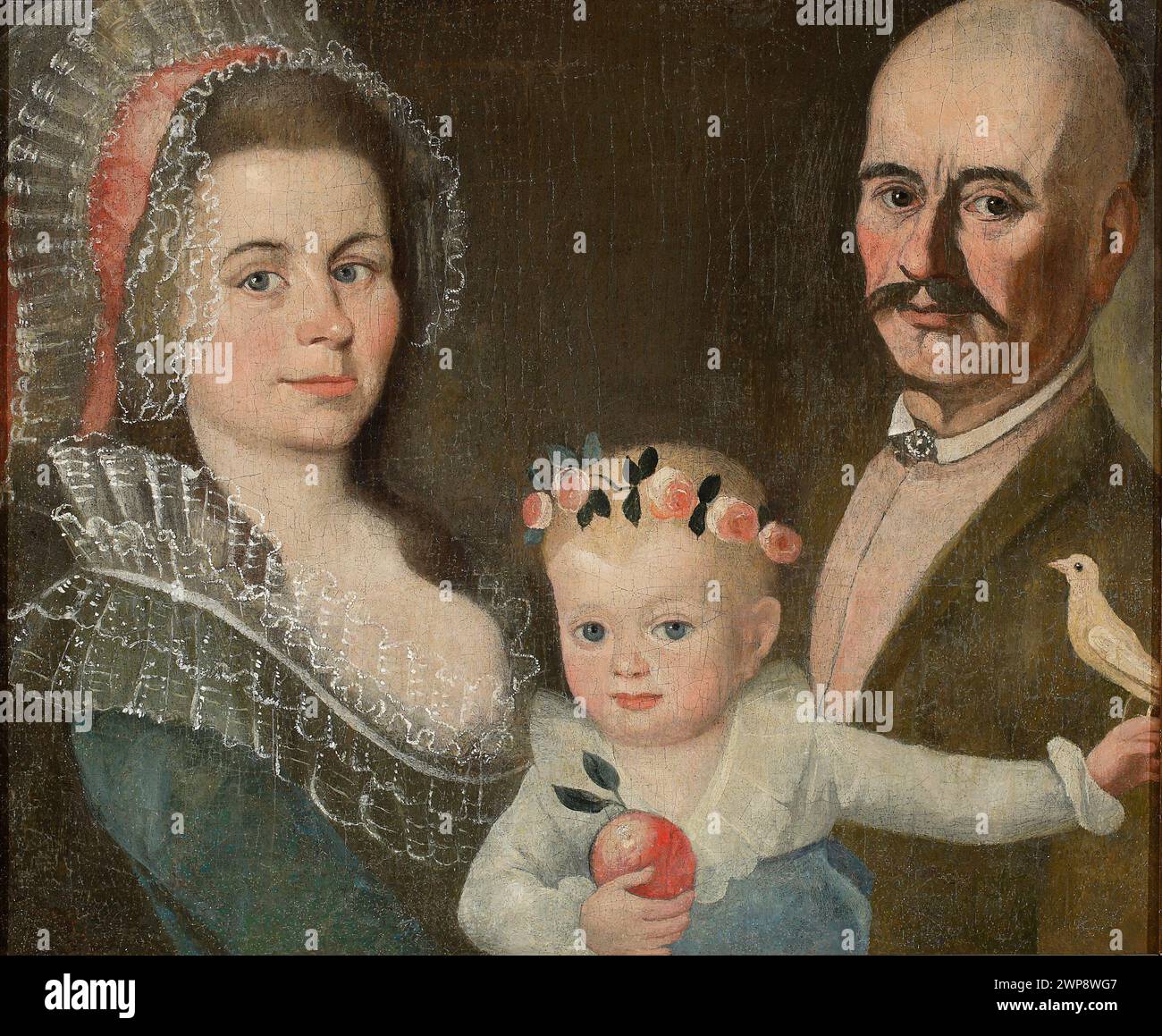 Portrait d'une famille noble vers 1760 (1755-1765), montrant des enfants, des casquettes, des vêtements sarmates, des portraits de famille et posthumes, des oiseaux et des couronnes, avec une provenance documentée. Banque D'Images