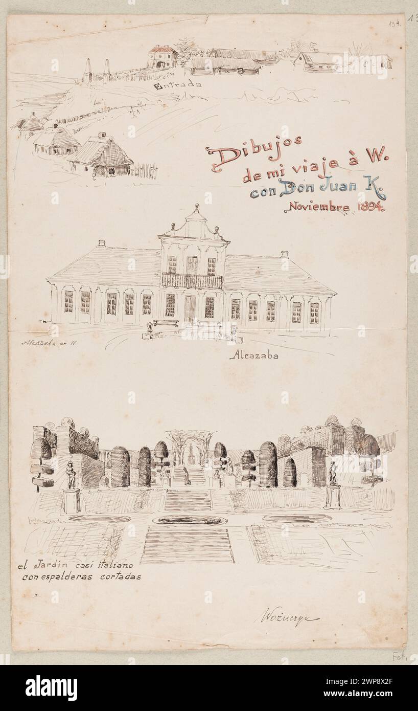 Tableau de Stanisław Czachórski (1894) représentant un paysage rural avec un palais, un jardin, des arbres et des éléments architecturaux, avec texte espagnol au verso. Banque D'Images