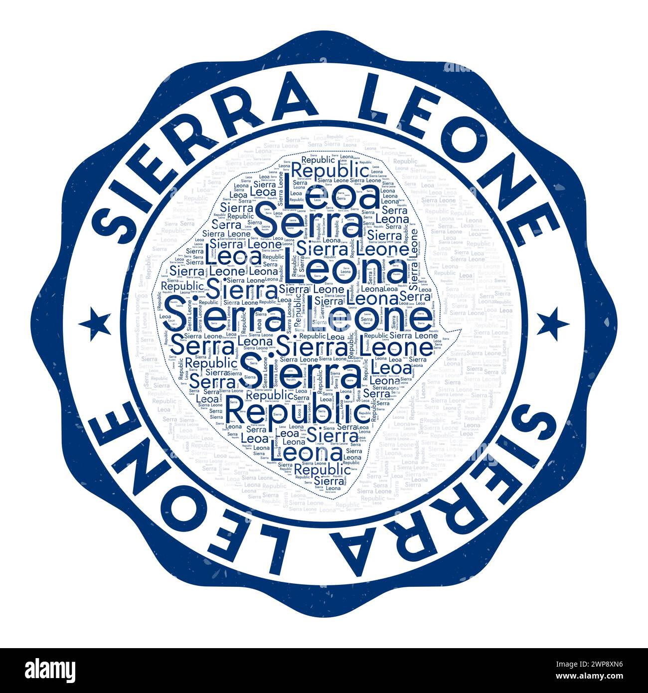 Logo Sierra Leone. Badge pays attrayant avec nuage de mots en forme de Sierra Leone. Emblème rond avec le nom du pays. Illustration vectorielle créative. Illustration de Vecteur