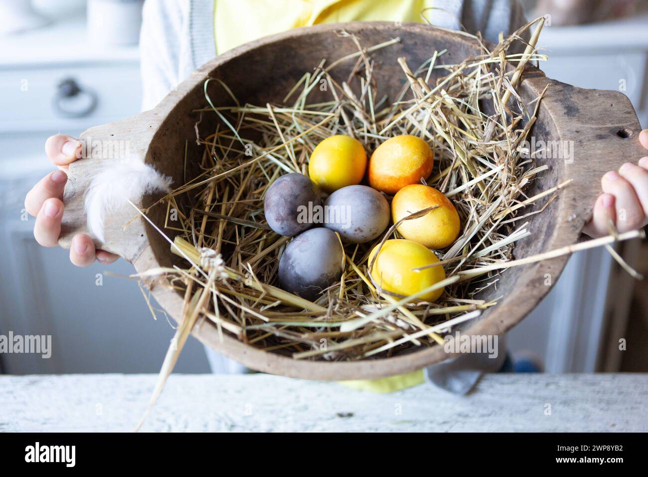 3 mars 2024 : petit garçon tient un nid rustique de Pâques avec de la paille et des œufs de Pâques peints à Pâques *** Kleiner Junge hält an Ostern ein rustikales Osternest mit Stroh und bemalten Ostereiern Banque D'Images