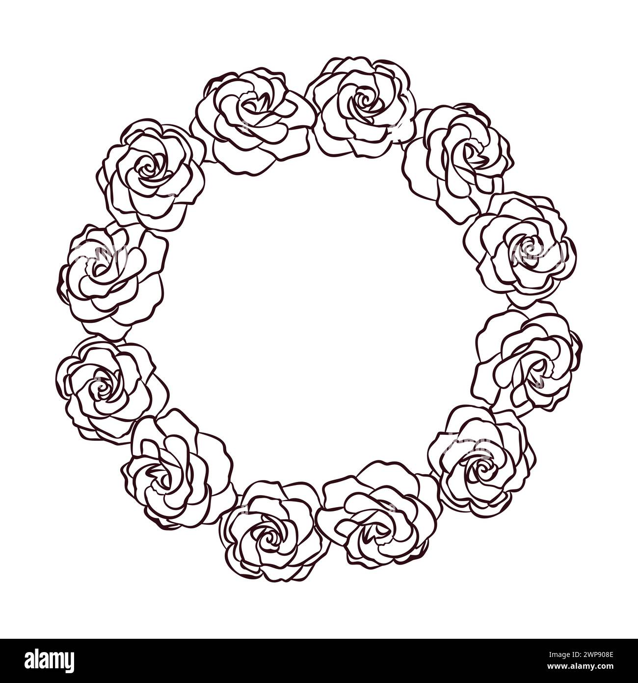 Cadre de cercle de fleur d'art de ligne de rose pour invitations ou carte, guirlande simple de verdure pour invitation de mariage, illustration vectorielle dessinée à la main, isoler sur whit Illustration de Vecteur