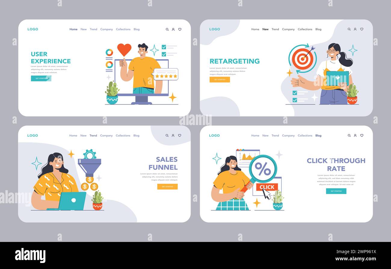 Ensemble d'optimisation du taux de conversion. Experts analysant les performances des sites Web. A B Testing, entonnoir de vente, génération de leads. Stratégies d'engagement des utilisateurs. Illustration vectorielle plate Illustration de Vecteur