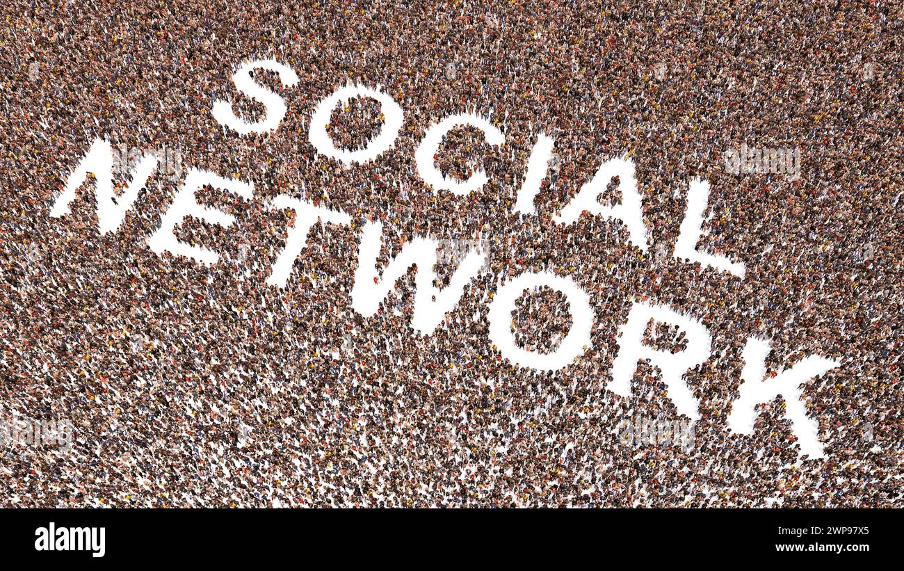 Vaste communauté conceptuelle de personnes formant le message DU RÉSEAU SOCIAL. 3d métaphore d'illustration pour les médias sociaux, en ligne, les affaires, la technologie Banque D'Images