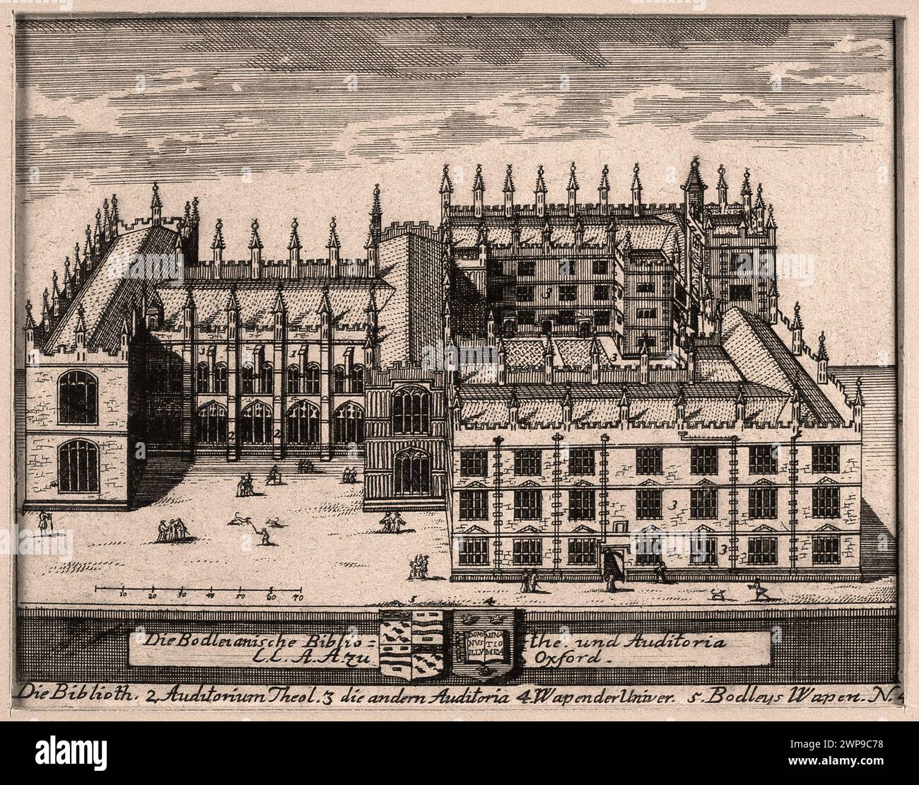 Bibliothèque Bodleian, Oxford, vue plongeante avec clé et armoiries, gravure vintage Banque D'Images