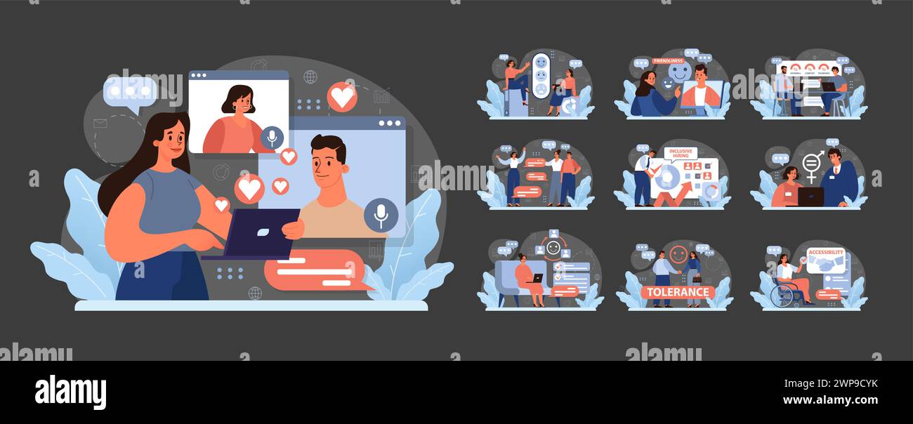 Ensemble d'inclusion sur le lieu de travail. Des équipes diversifiées collaborent, des réunions virtuelles, des environnements accessibles. Pratiques d'embauche inclusives, promotion de la tolérance. Amabilité et engagement des employés. Vecteur plat Illustration de Vecteur