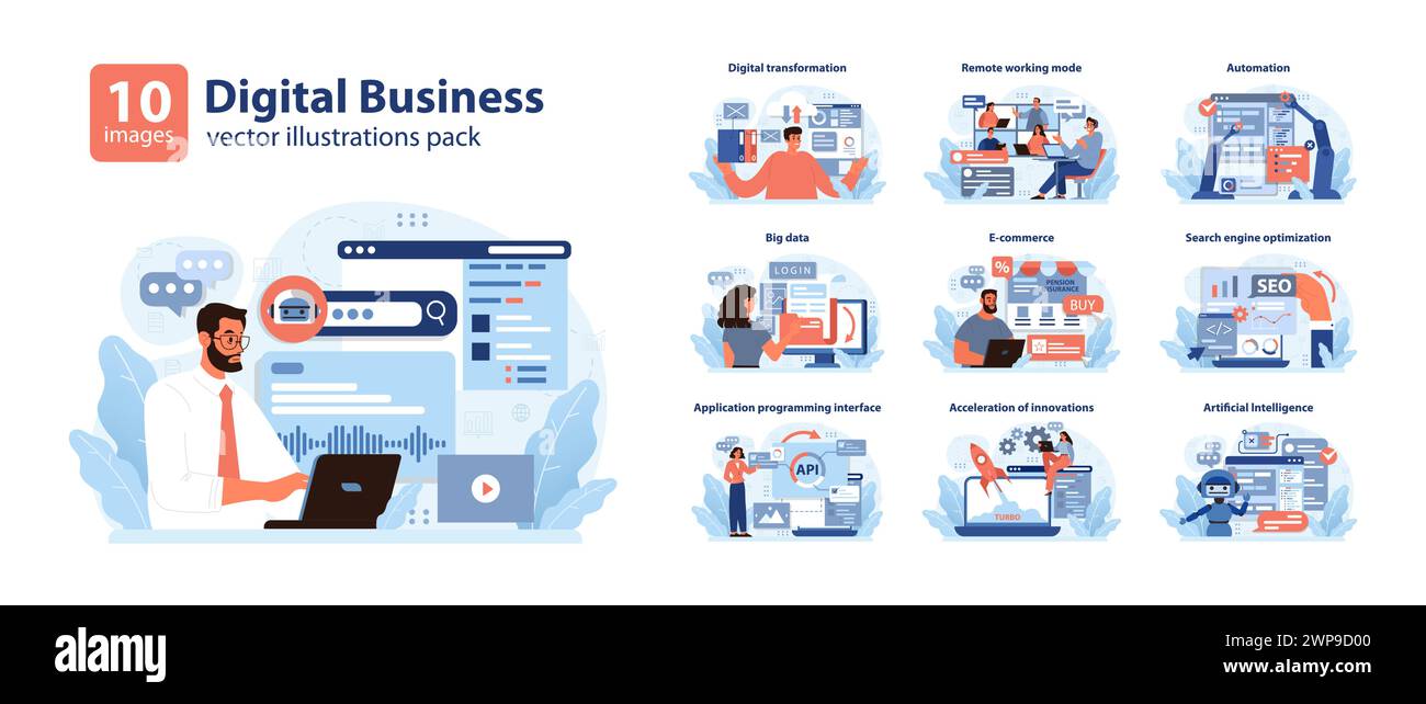 Digital Business Set. Scénarios d'entreprise modernes de l'automatisation à l'IA. Efficacité du flux de travail axée sur la technologie, croissance du commerce en ligne. Illustration vectorielle plate. Illustration de Vecteur