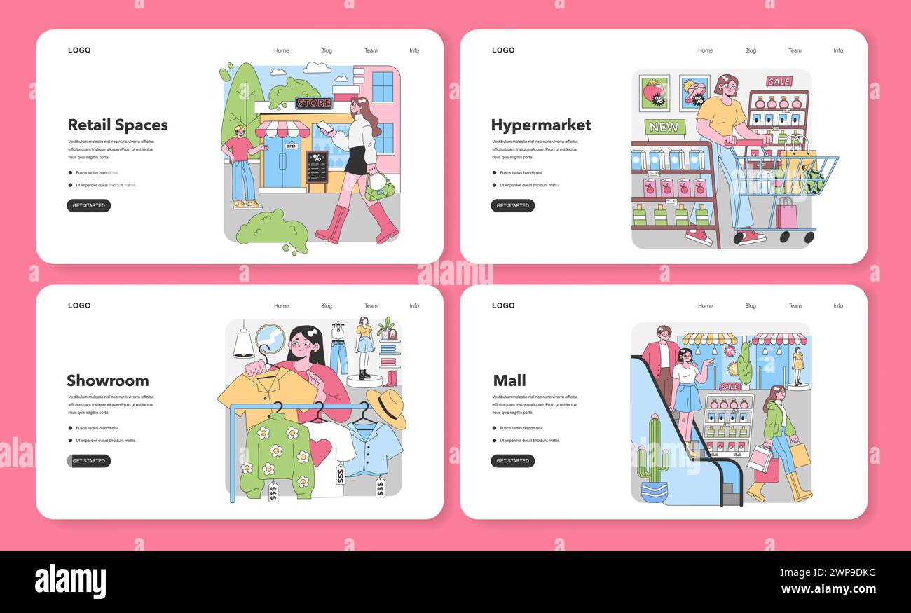 Coffret d'achat. Les clients explorent des expériences de vente au détail variées. Extérieur du magasin urbain, hypermarché animé. Visite d'un showroom branché, centre commercial animé. Illustration vectorielle plate. Illustration de Vecteur