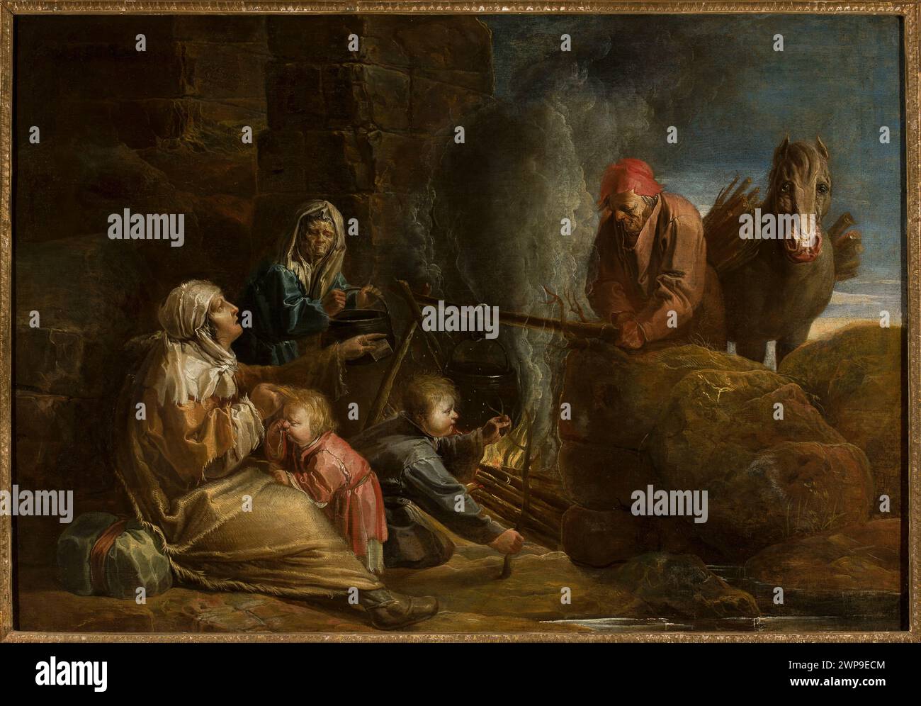Tableau du XVIIe siècle de Jan Van de Venne montrant un camp gitan, comprenant des tentes, des figures et une activité rurale, faisant partie d'œuvres flamandes collectées. Banque D'Images