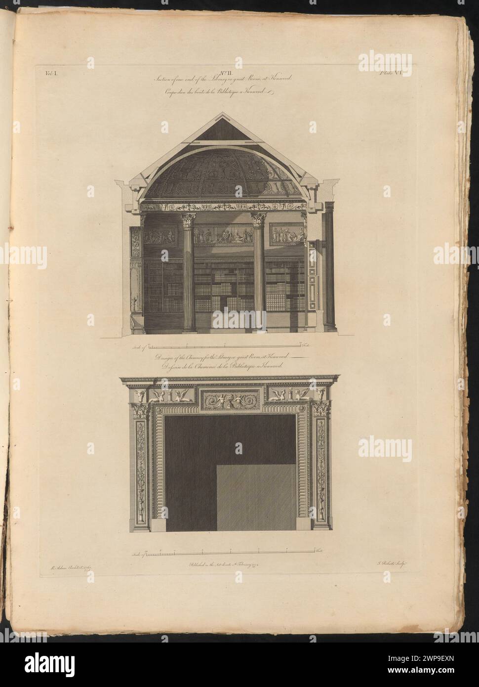 Coupe transversale verticale de la bibliothèque et conception de la décoration de la cheminée de Kenwood House ; Roberts, John (FL. CA 1760-CA 1800), Adam, Robert (1728-1792) ; 1774 (1774-00-00-1778-00-00); Banque D'Images