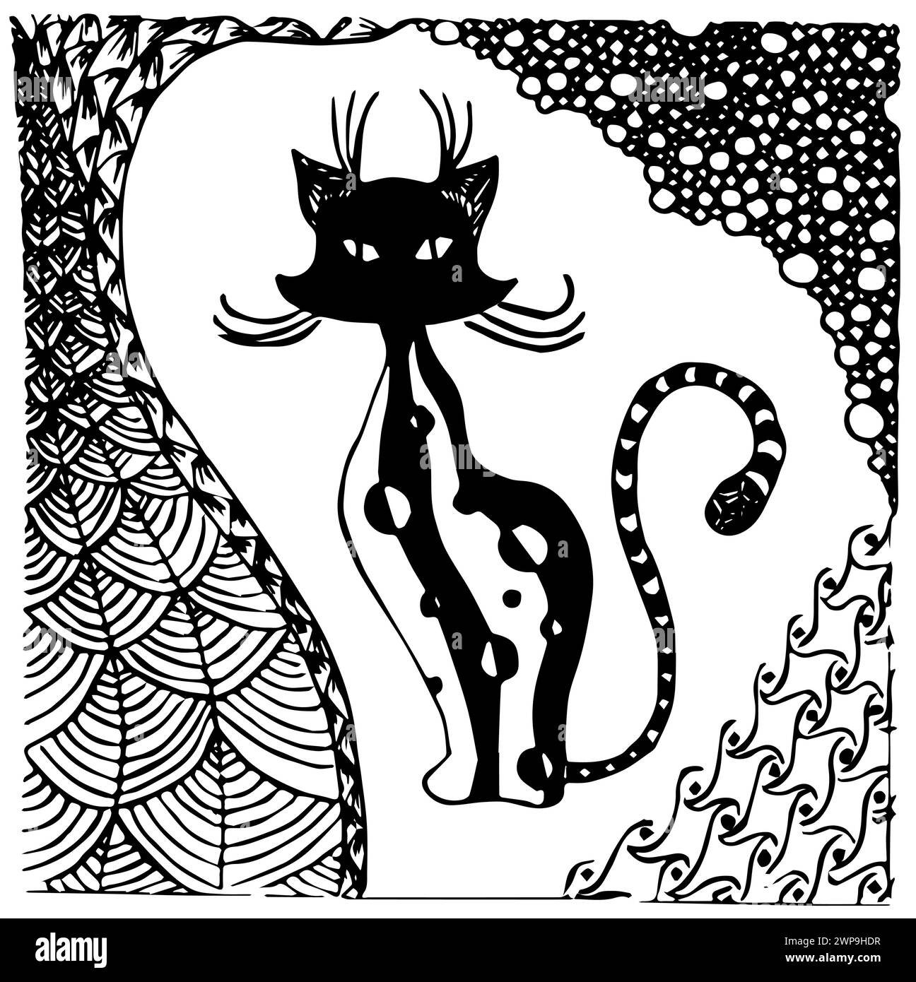 Illustration vectorielle avec chat abstrait noir et blanc. Le chat est dans un cadre assemblé à partir de motifs abstraits. Zen-commandes Illustration de Vecteur