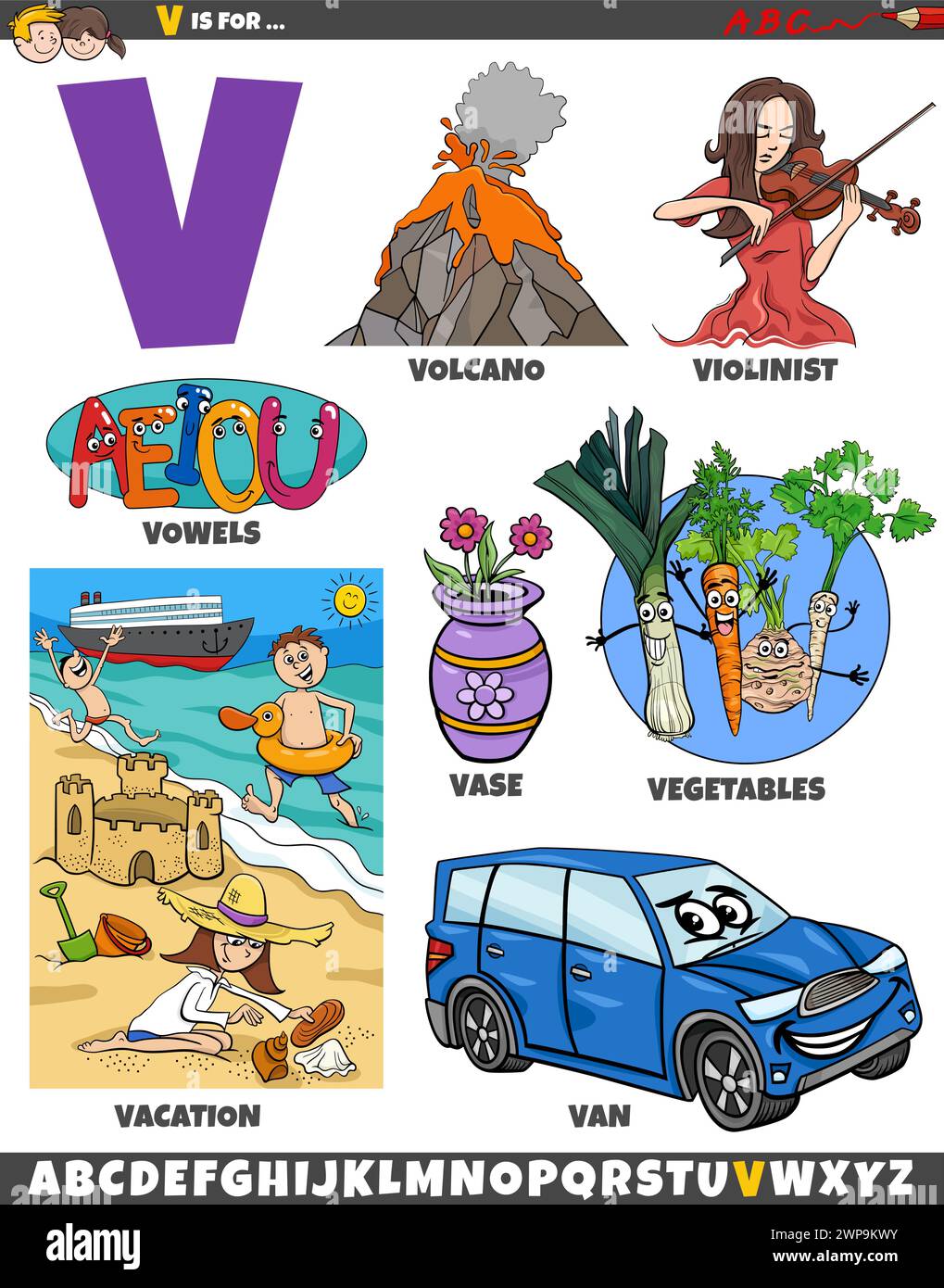 Illustration de dessin animé d'objets et de caractères définis pour la lettre V. Illustration de Vecteur