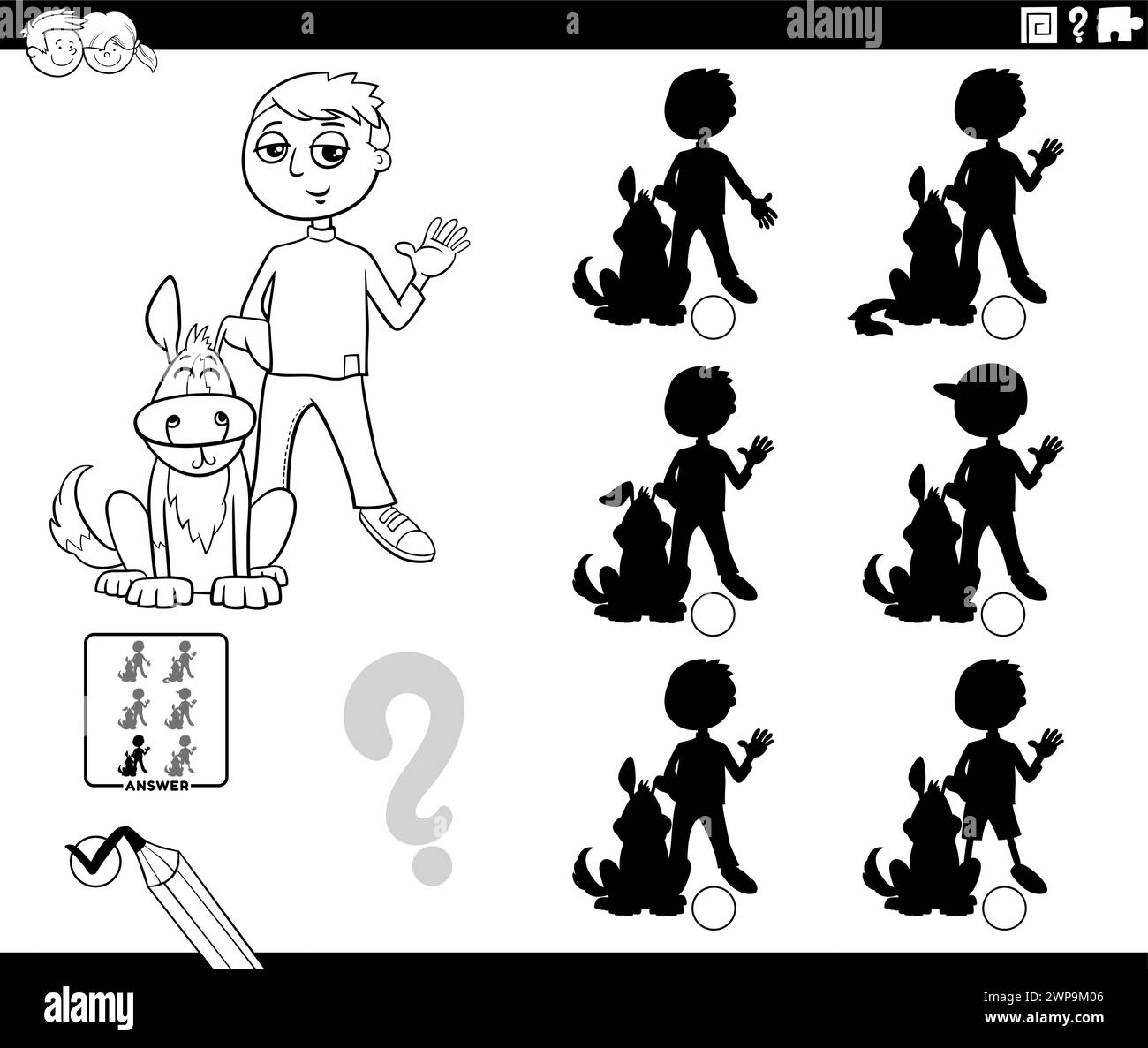 Illustration de dessin animé de trouver la bonne image à l'activité éducative d'ombre avec garçon et son chien coloriage page Illustration de Vecteur