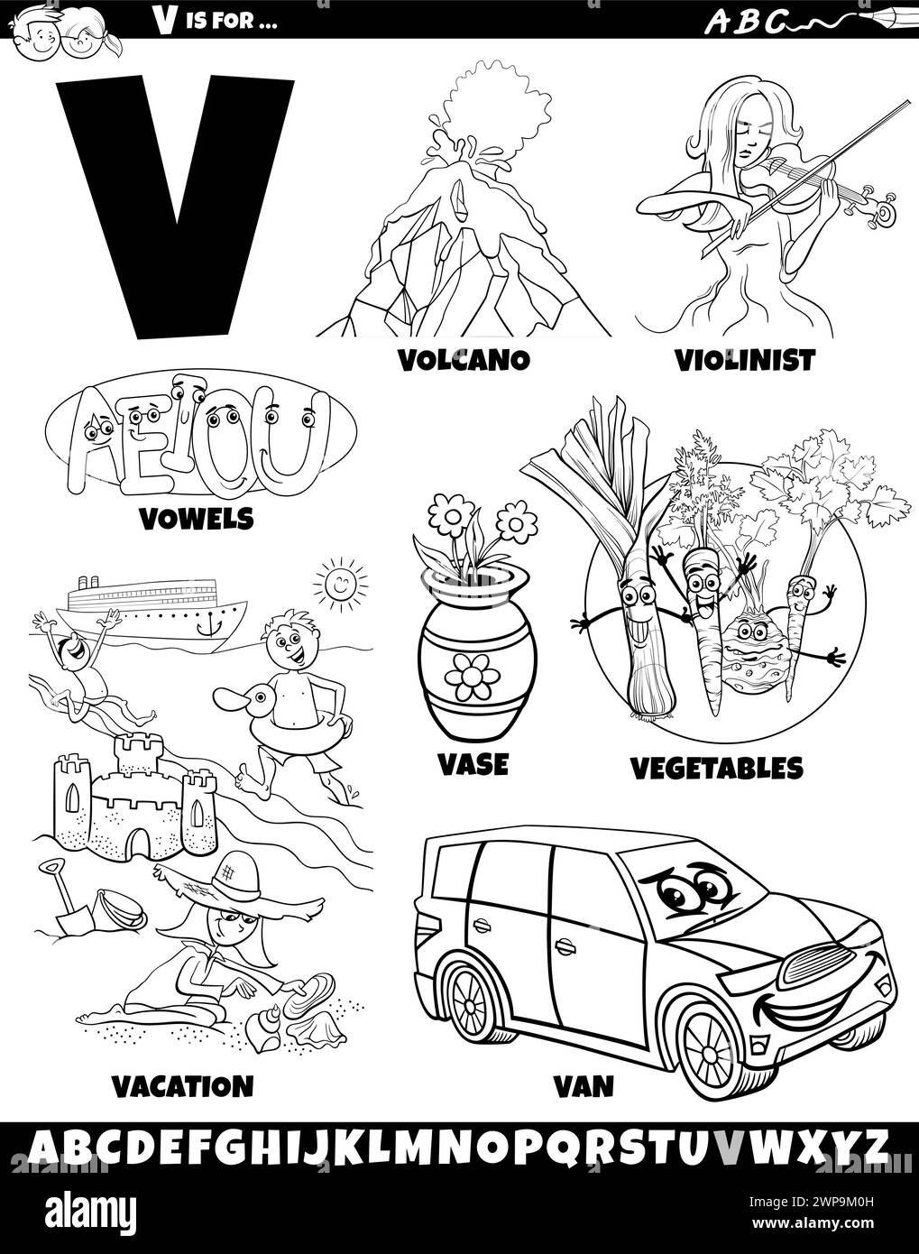 Illustration de dessin animé d'objets et de caractères définis pour la page de coloriage lettre V. Illustration de Vecteur