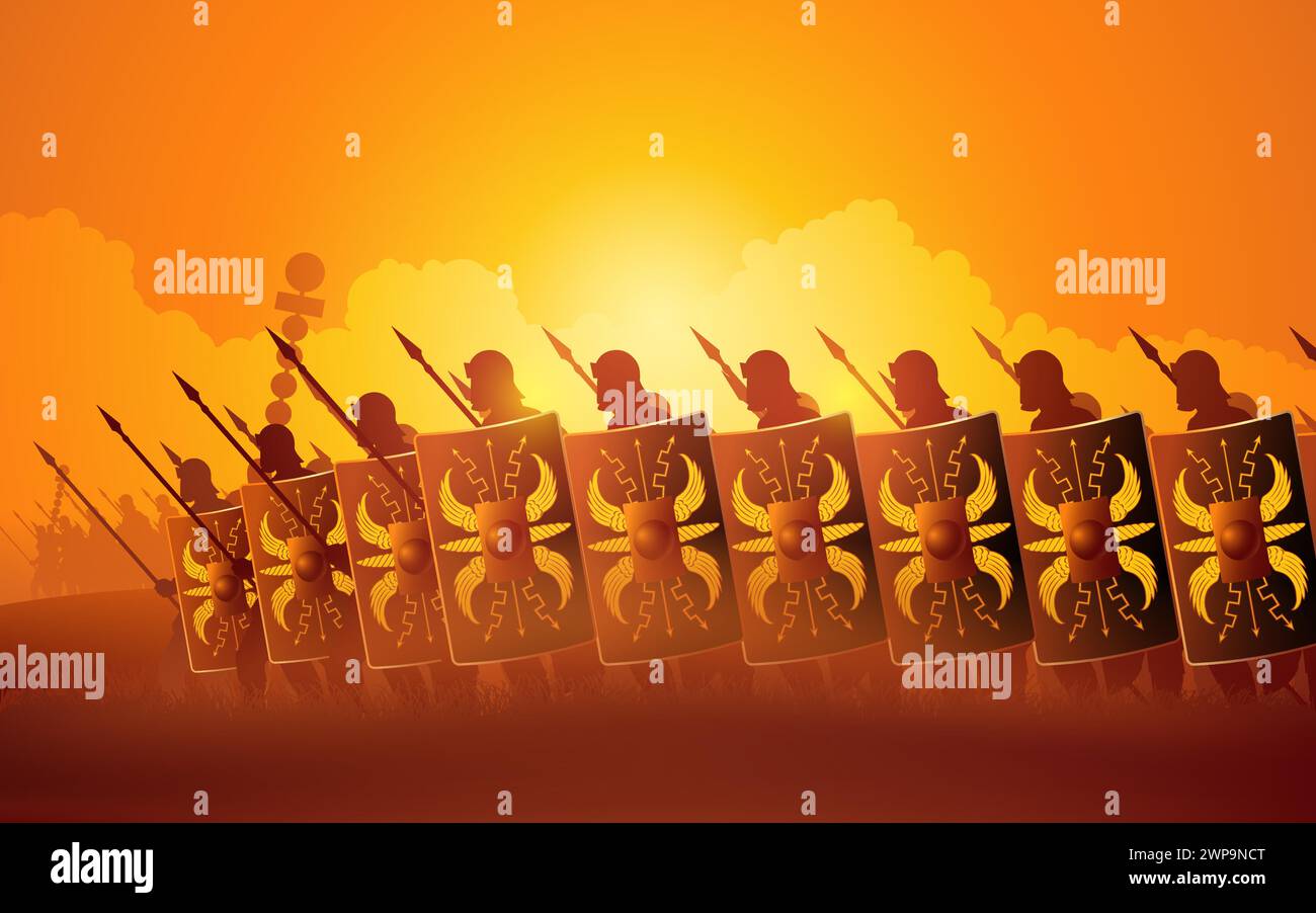 Les légionnaires romains marchent dans une invasion, évoquant la grandeur et la puissance de l'ancien Empire romain. Parfait pour les projets liés à l'histoire, warf Illustration de Vecteur