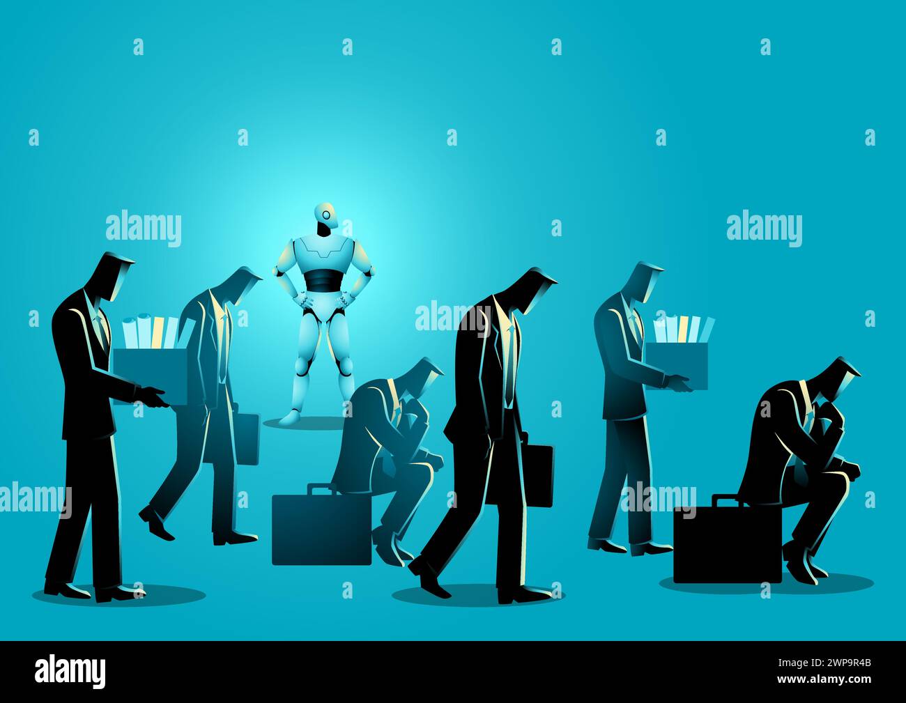 Illustration dépeignant la menace imminente de l'IA, incarnée par un robot dépassant les rôles de travail humains. Représentation de l'évolution de l'automatisation et de ses potenti Illustration de Vecteur