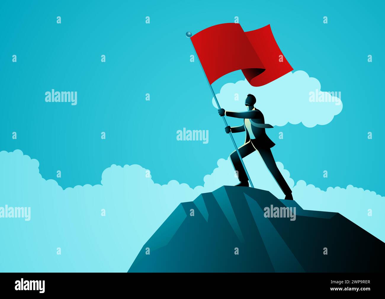 Illustration symbolique d'un homme d'affaires debout au sommet d'une montagne, levant un drapeau rouge, représente l'idiome des affaires pour lever des drapeaux rouges, par exemple pe Illustration de Vecteur
