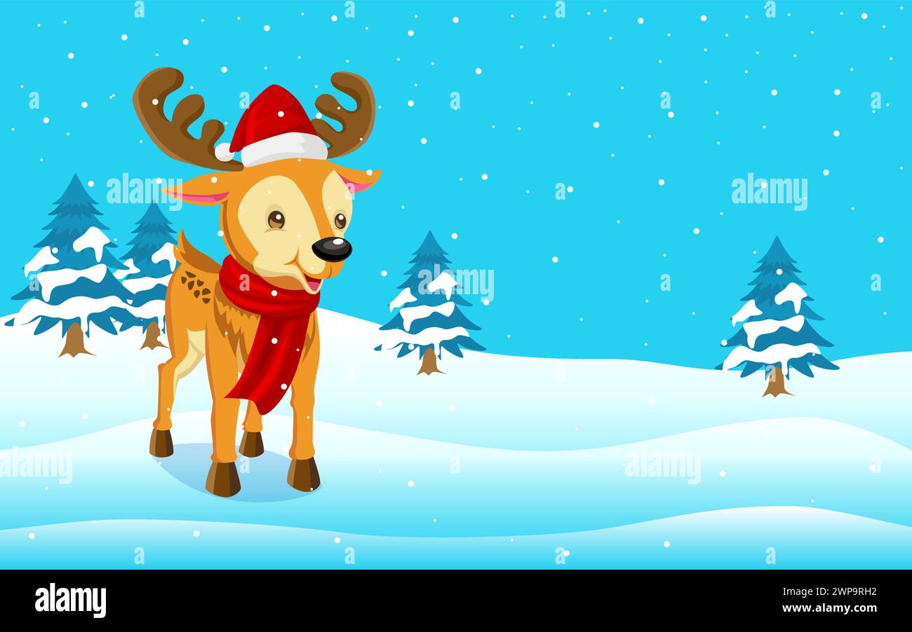 Rudolph le dessin animé de renne au nez rouge sur les collines enneigées pour Noël, illustration vectorielle Illustration de Vecteur