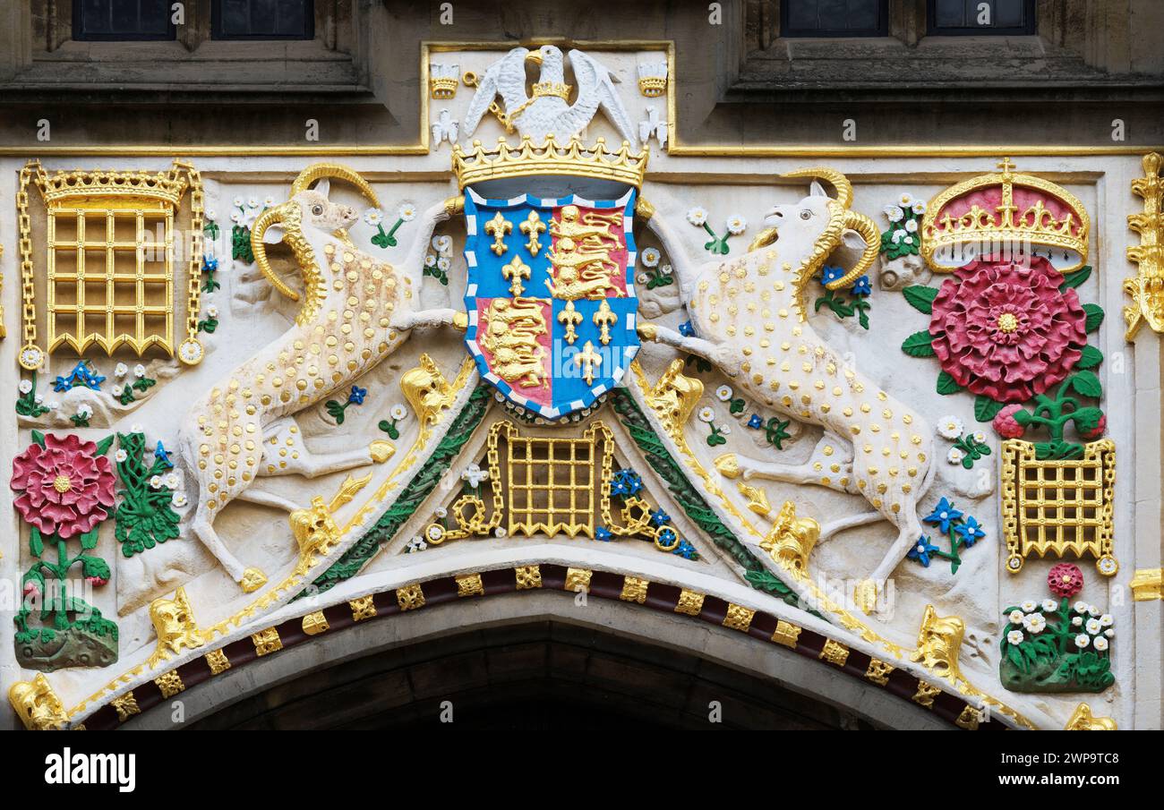 Emblème Tudor au-dessus de l'entrée principale du Christ College, Université de Cambridge, Angleterre, fondé par Margaret Beaufort, la mère du roi Henry VII, Banque D'Images