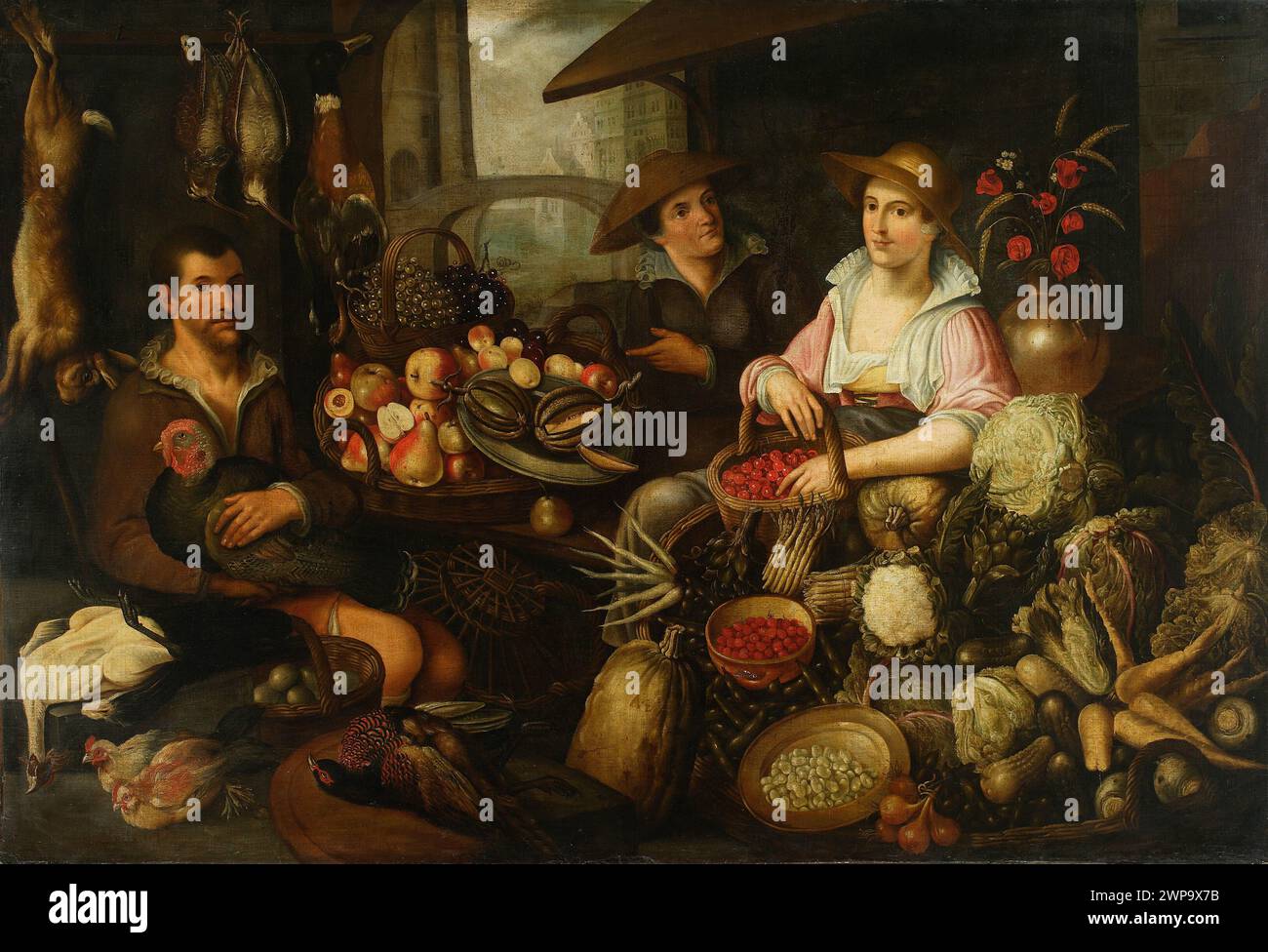 Peinture de genre flamande du début du XVIIe siècle de Jan Baptist Saive montrant une scène de marché avec des vendeurs de nourriture et des citadins engagés dans des activités quotidiennes. Banque D'Images