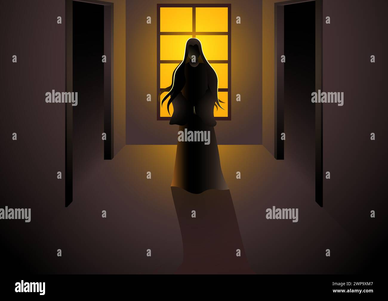 Illustration d'un fantôme féminin debout devant une fenêtre dans une maison hantée. Cette image glaciale et atmosphérique est parfaite pour le thème d'Halloween Illustration de Vecteur