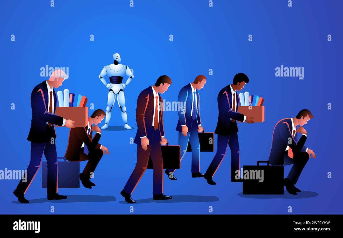 Illustration dépeignant la menace imminente de l'IA, incarnée par un robot dépassant les rôles de travail humains. Représentation de l'évolution de l'automatisation et de ses potenti Illustration de Vecteur